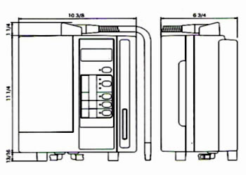 Esquema técnico del ionizador Leveluk Platinum SD501 con medidas y vista lateral del equipo.