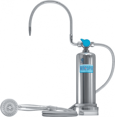 Sistema de spa Anespa con filtro mineral y carcasa metálica para producir agua relajante tipo spa.
