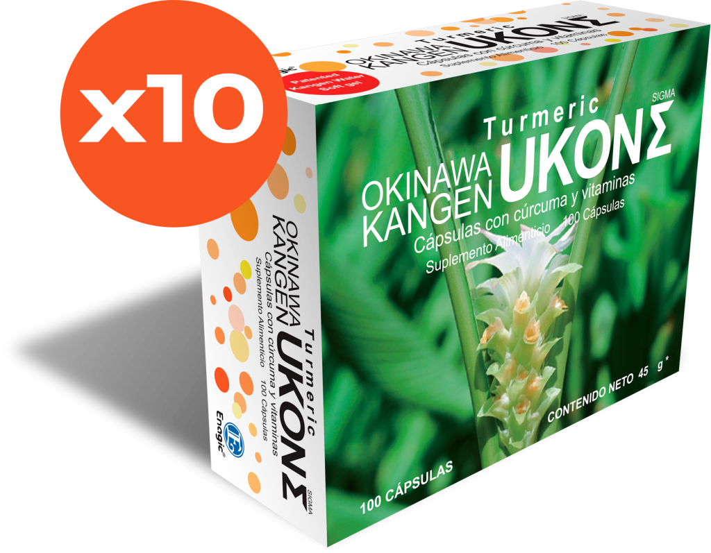 Caja de Okinawa Kangen Ukon con 100 cápsulas de cúrcuma y vitaminas, presentación de 10 unidades