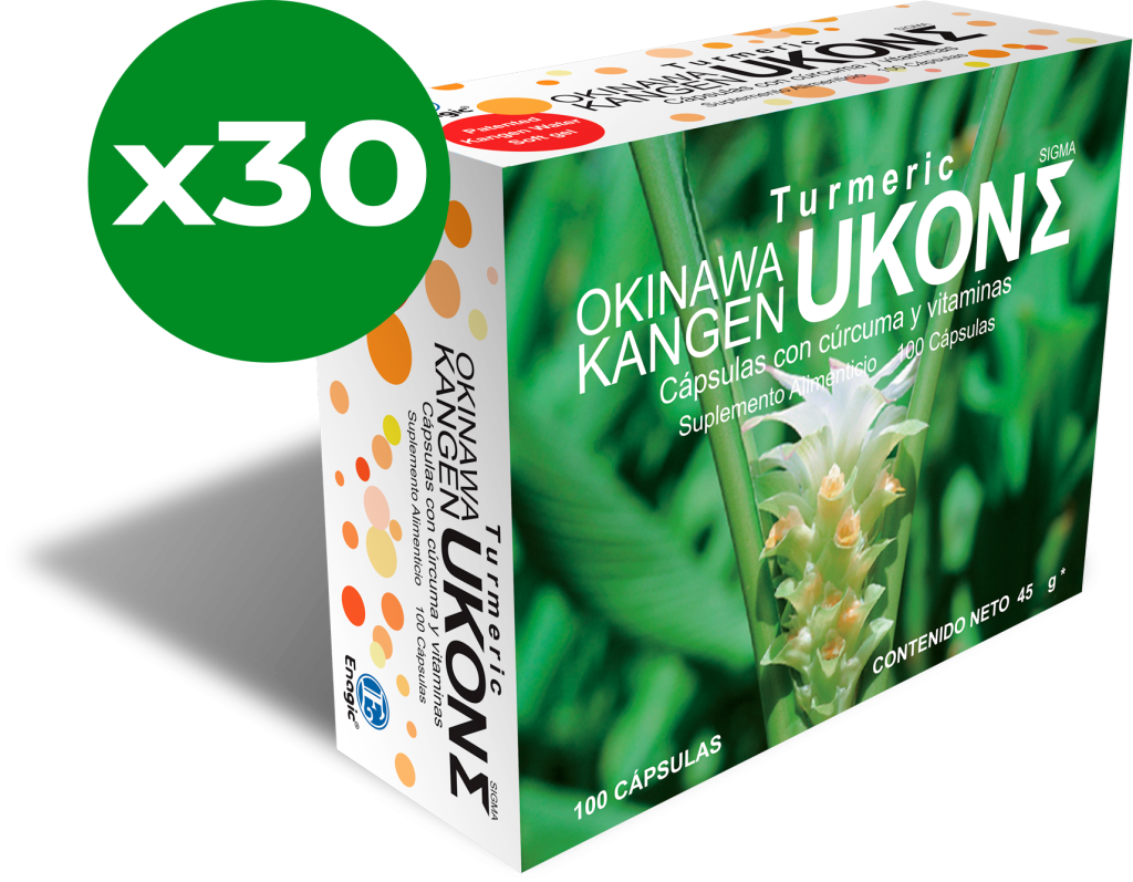 Caja de Okinawa Kangen Ukon con 100 cápsulas de cúrcuma y vitaminas, presentación de 30 unidades.