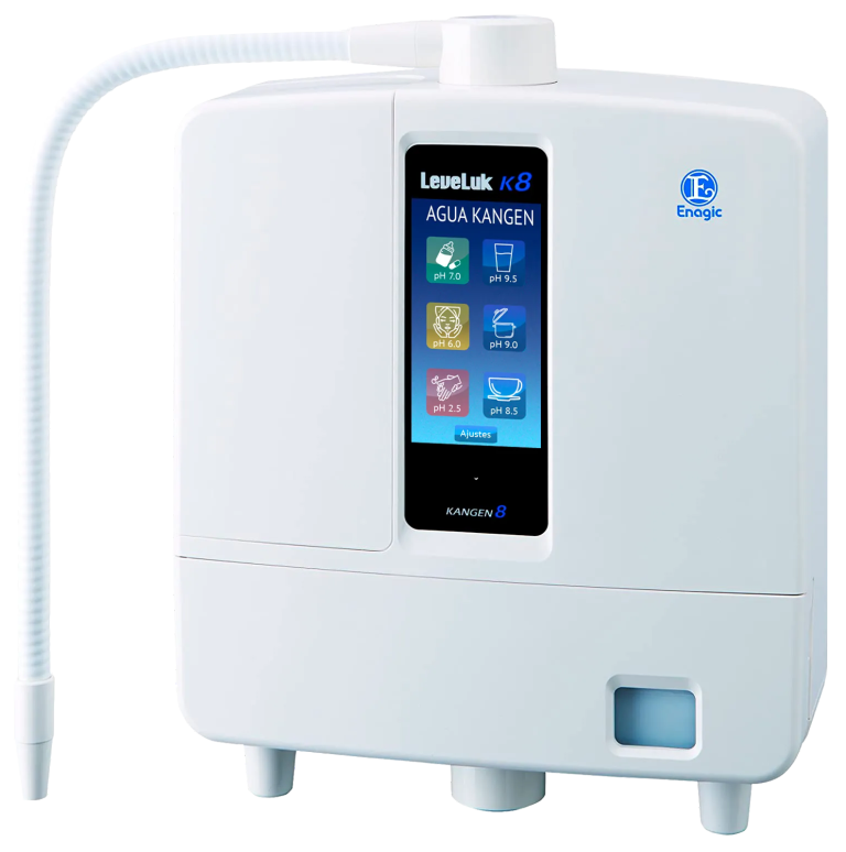 Equipo ionizador de agua Kangen® Enagic® Leveluk K8 sobre fondo azul
